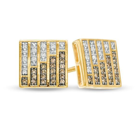 Men's 1/4 CT. T.w. Champagne and White Diamond Square Stud Earrings in Sterling Silver with 14K Gold Plate Product Image