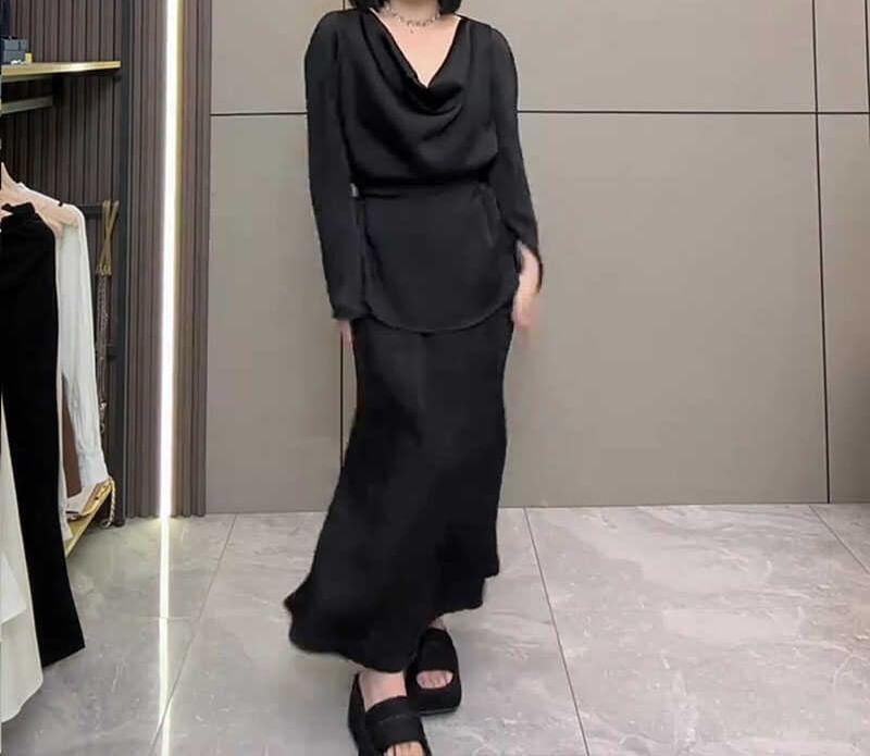 Set: Flared-Sleeve Cowl Neck Plain Blouse + High Rise Maxi Fishtail Skirt Product Image