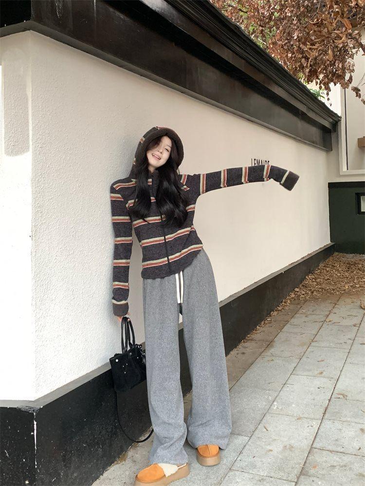 Striped Fleece Trim Zip-Up Hoodie / Drawstring Waist Plain Wide Leg Sweatpants Product Image