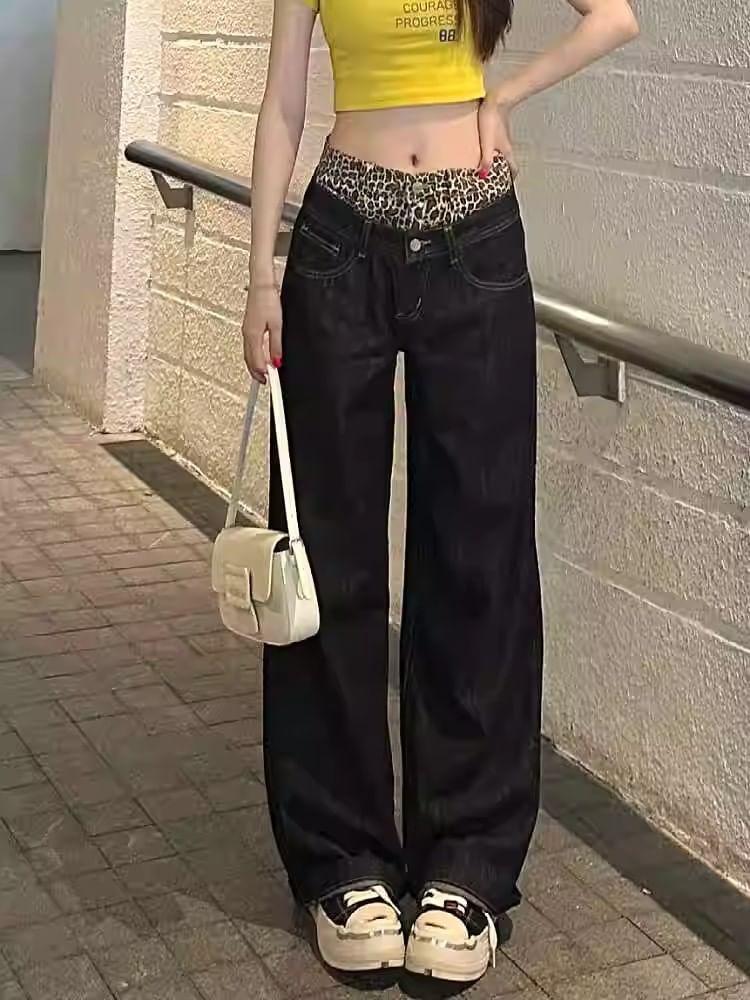 High Waist Leopard Print Panel Wide Leg Jeans Product Image