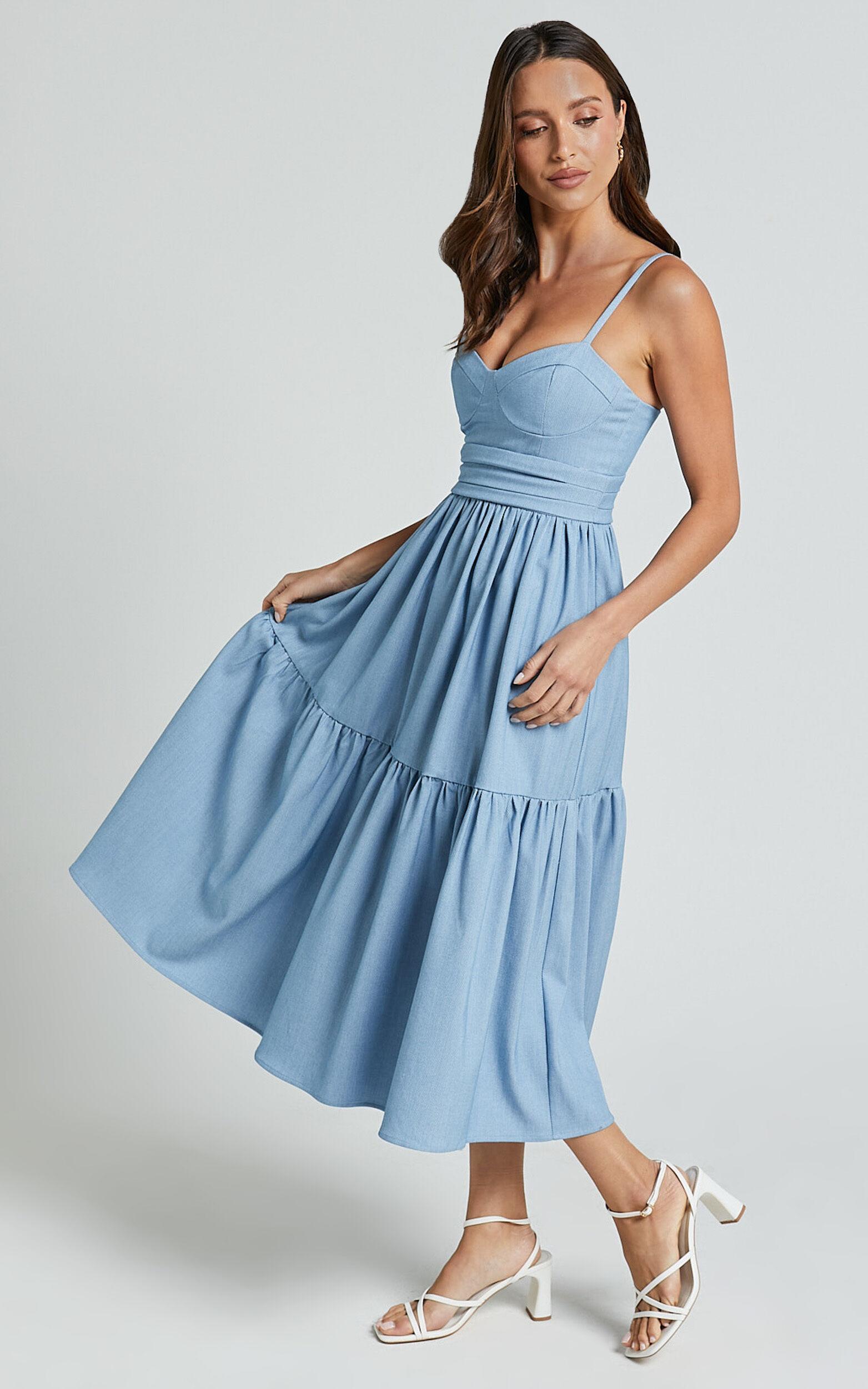 Gem Midi Dress - Strappy Sweetheart Tier Dress in Light Blue Product Image