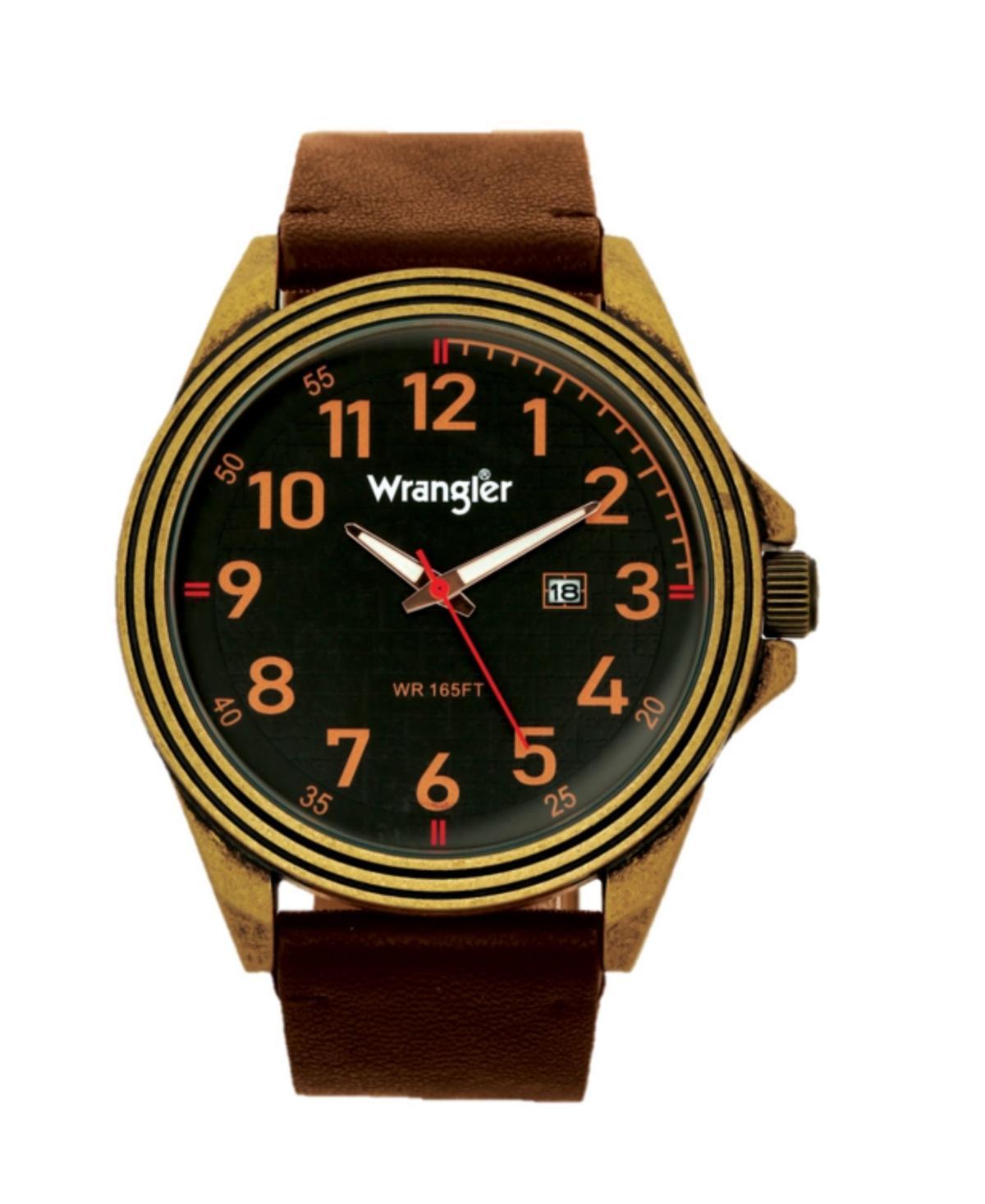 Wrangler Mens, 48MM Antique Brass Case, Black Dial, Bronze Arabic Numerals, Black Strap, Analog Watch with Red Second Hand, Date Function - Black Product Image