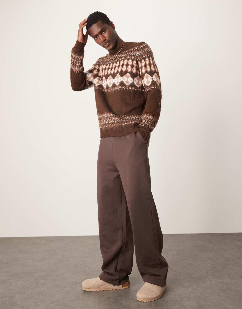 ASOS DESIGN knit crew neck sweater with fairisle pattern in brown Product Image