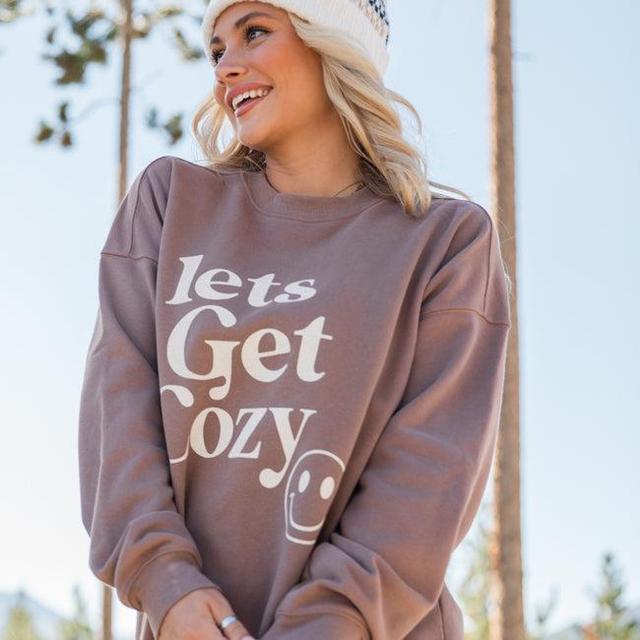 Lets Get Cozy Mocha Oversized Graphic Sweatshirt Product Image