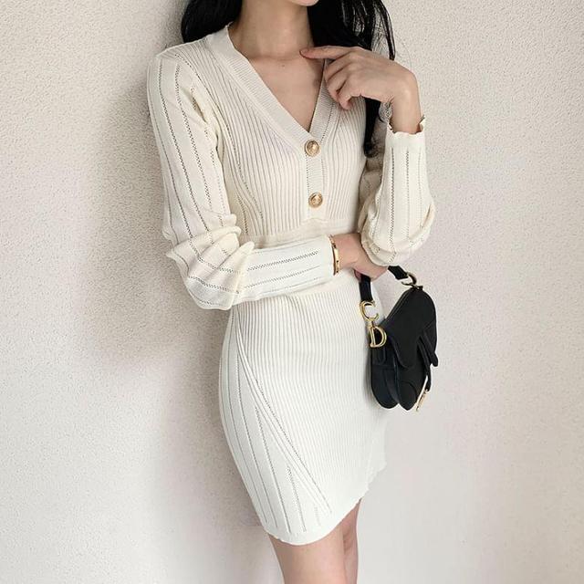 Long-Sleeve V-Neck Plain Pointelle Mini Sheath Knit Dress Product Image