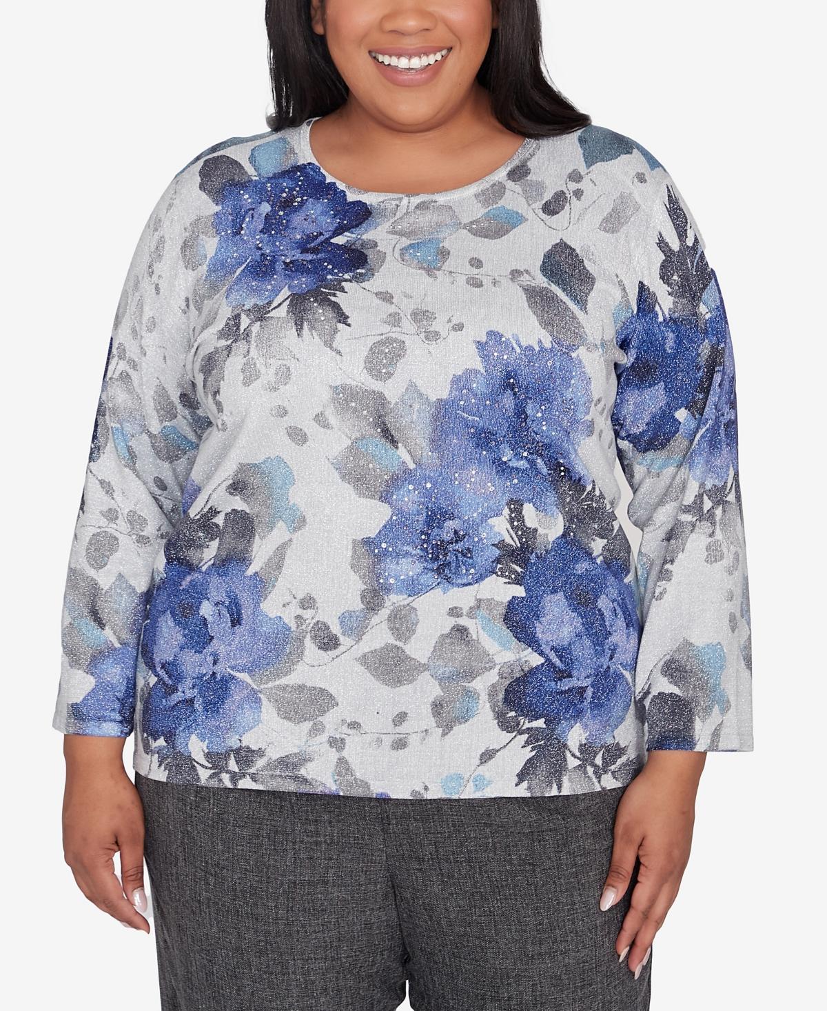 Plus Size Alfred Dunner Watercolor Floral Shimmer Crewneck Top, Womens Product Image