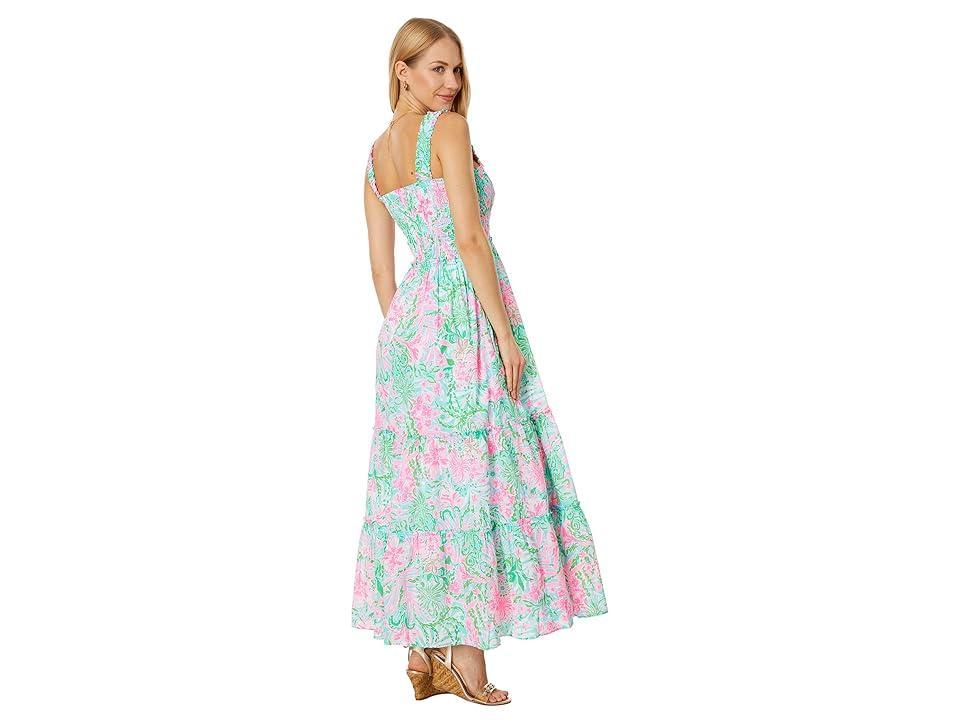 Lilly Pulitzer Hadly Smocked Cotton Maxi (Amalfi Blue Leaf It Wild) Women's Dress Product Image