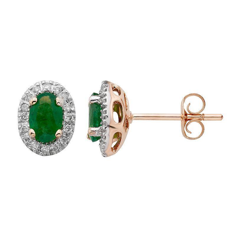 14k Rose Gold 1/6 Carat T.W. IGL Certified Diamond & Emerald Oval Earrings, Womens, Green Product Image