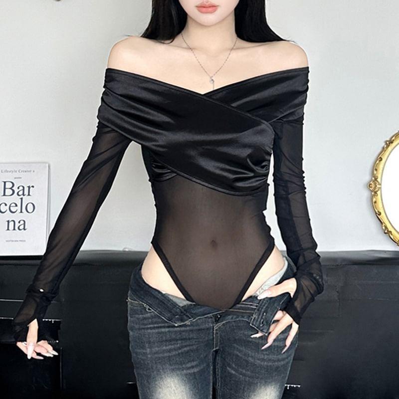 Long-Sleeve Off Shoulder Sheer Bodysuit Top Product Image