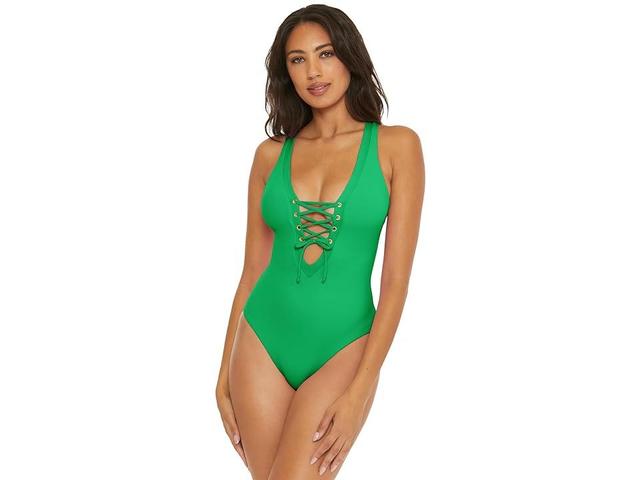 BECCA Modern Edge Rib Plunge One Piece (Verde) Women's Swimsuits One Piece Product Image