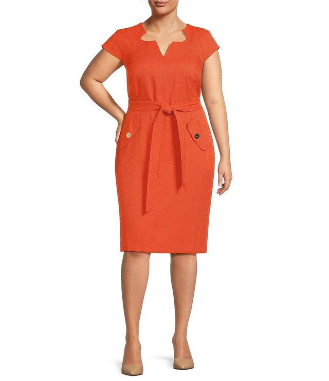 Kasper Plus Size V-Neck Cap Sleeve Belted Sheath Dress Product Image