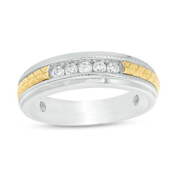 Men's 1/4 CT. T.w. Diamond Five Stone Anniversary Band in Sterling Silver and 14K Gold Plate - Size 10 Product Image