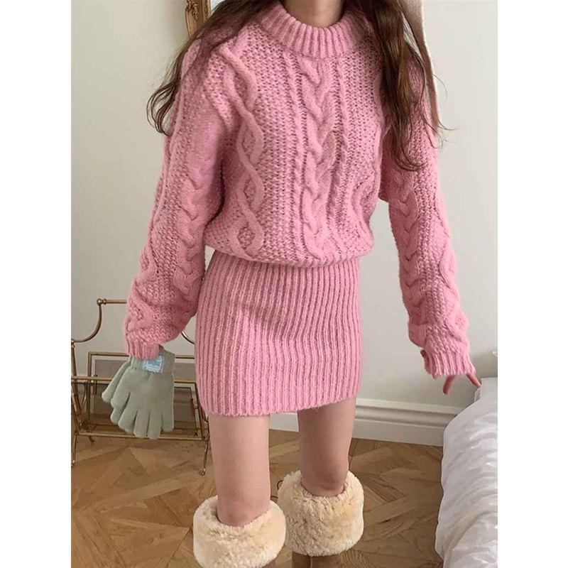 Long-Sleeve Crew Neck Plain Mini Cable Knit Sweater Dress Product Image