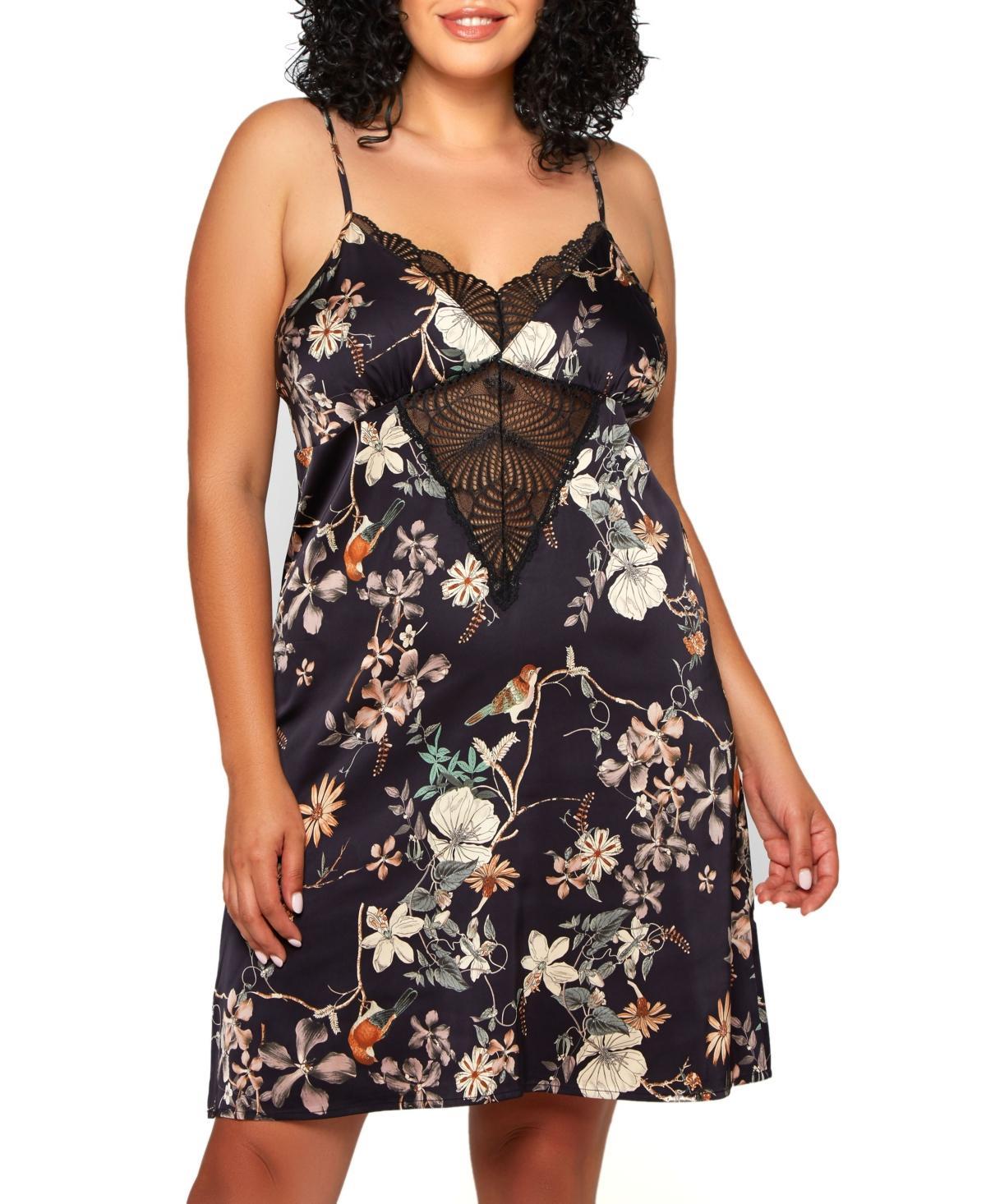 Plus Size Geri Lux Floral Satin and Lace Chemise Lingerie - Black Product Image