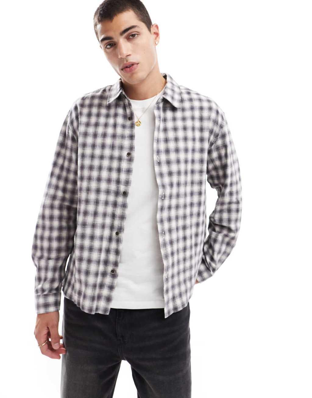 Pull&Bear washed plaid shirt in gray Product Image