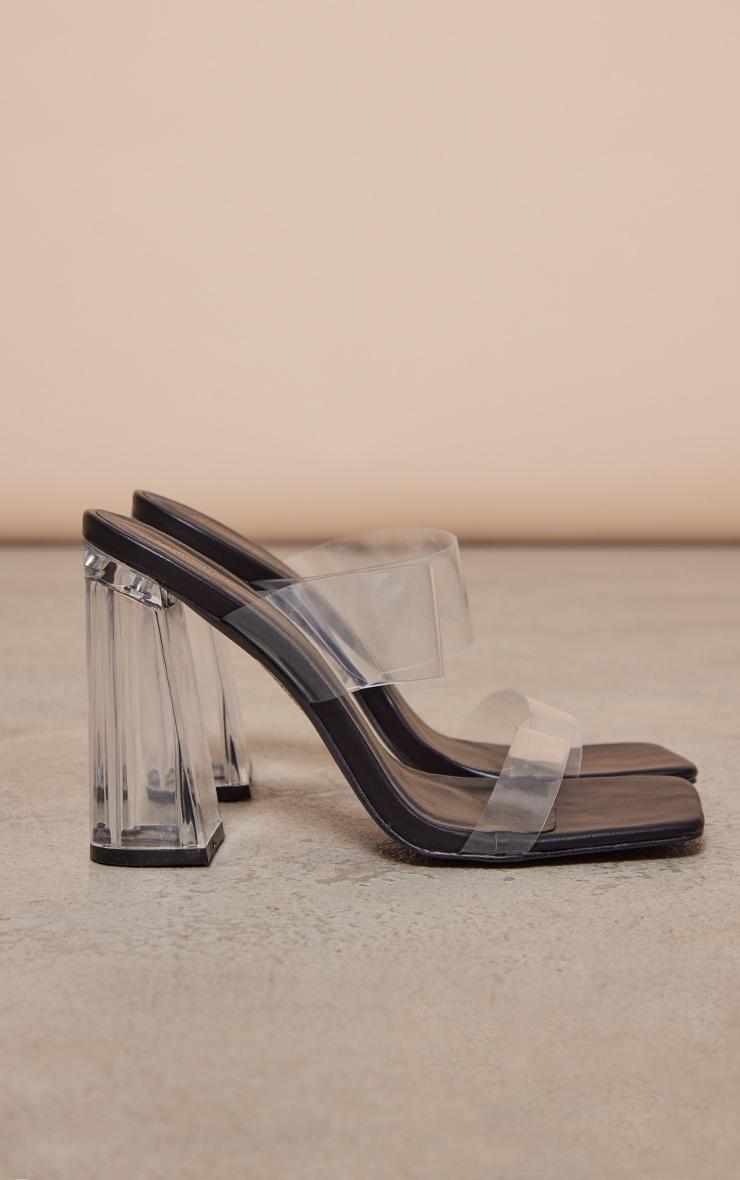 Black Clear Square Toe Thick Double Strap Chunky Block High Heeled Sandals Product Image