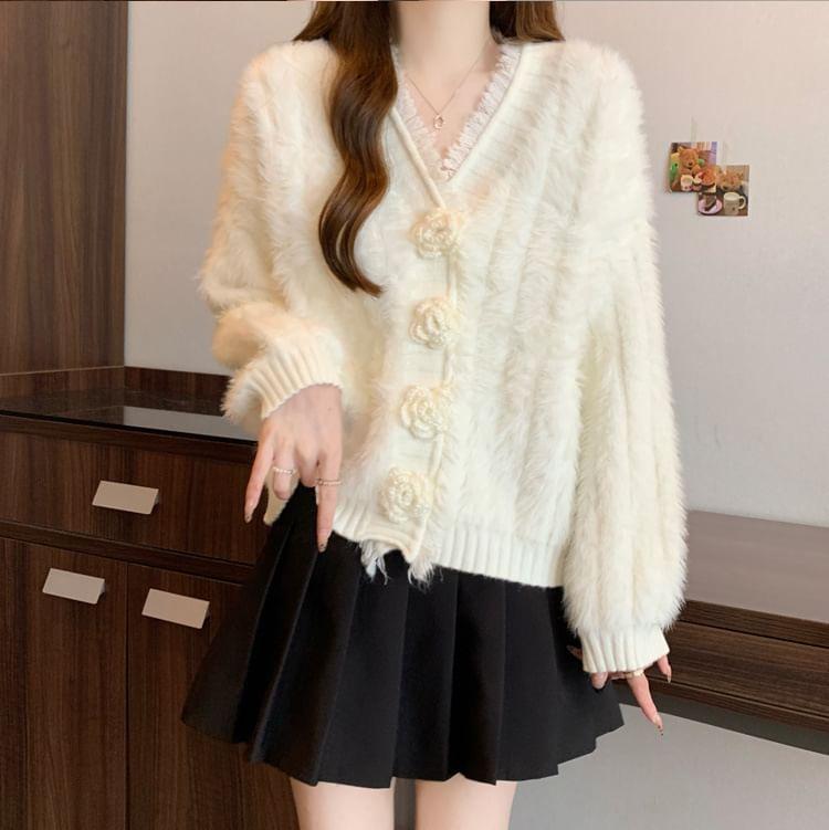 V-Neck Plain Floral Accent Fluffy Fringed Cardigan Product Image