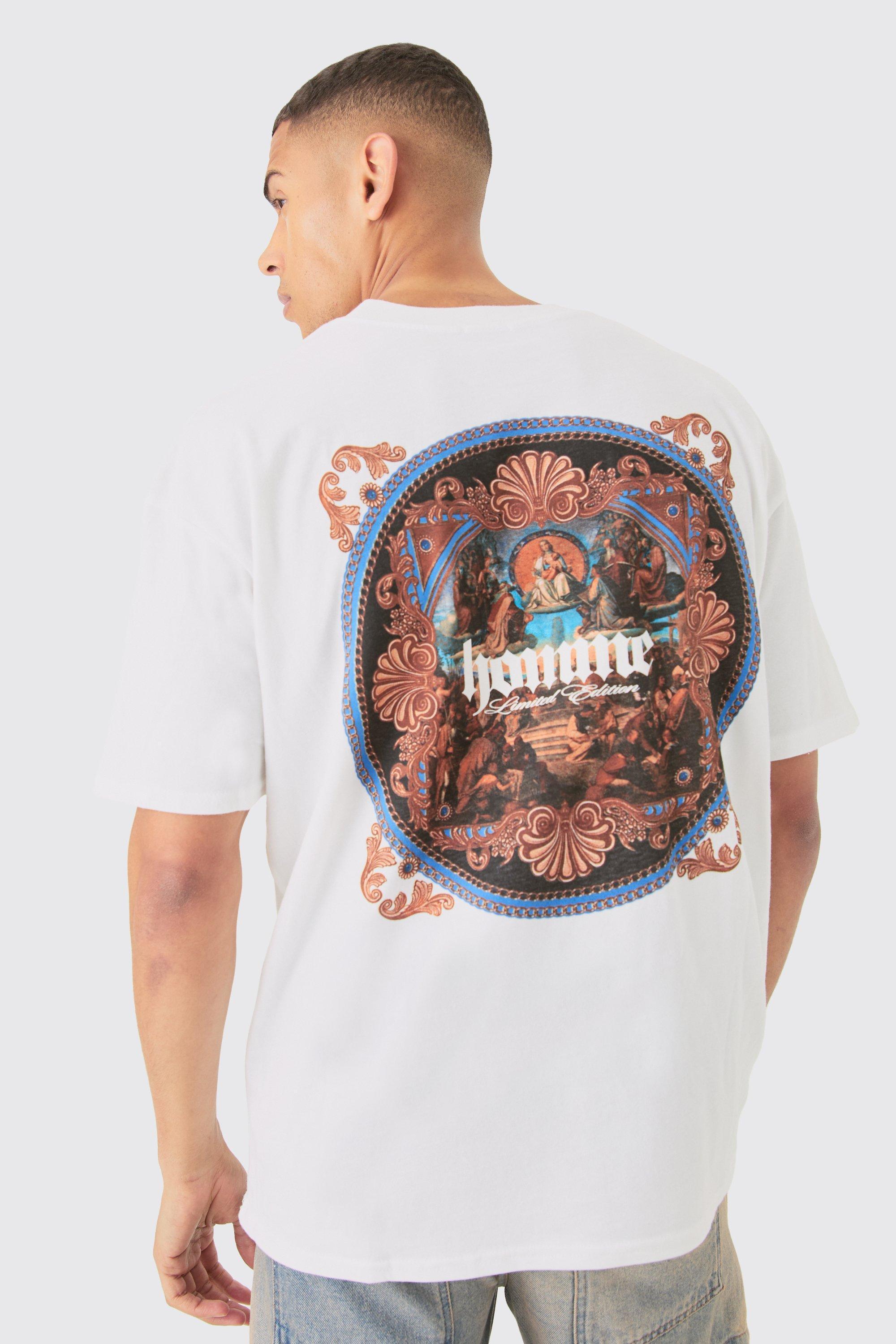 Mens White Oversized Renaissance Graphic Back Print T-shirt, White Product Image