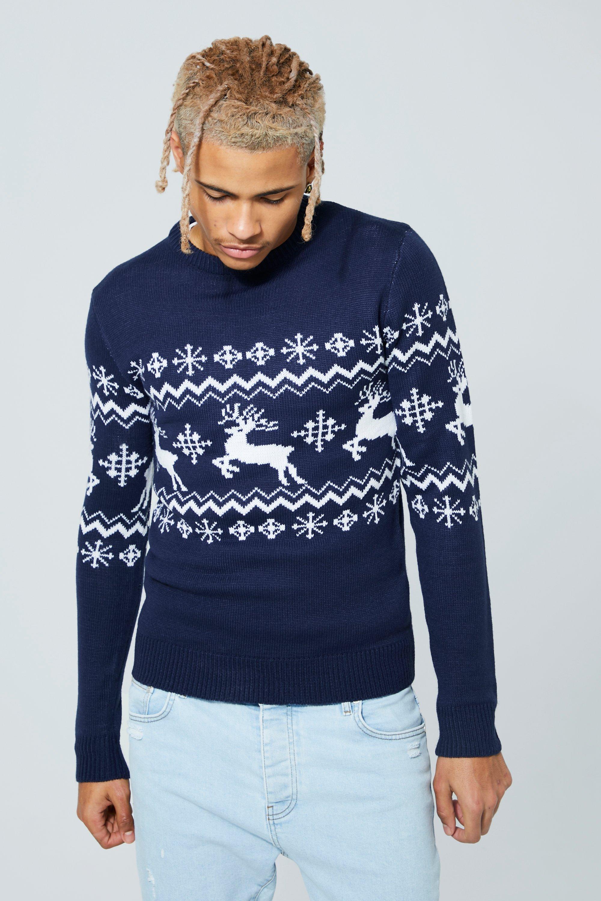 Tall Reindeer Fairisle Panel Christmas Sweater | boohooMAN USA Product Image