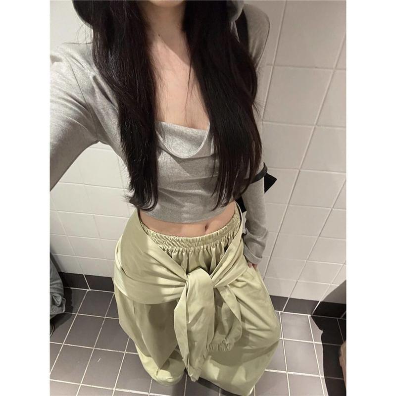 Long Sleeve Cowl Neck Plain Hood Crop Top Product Image