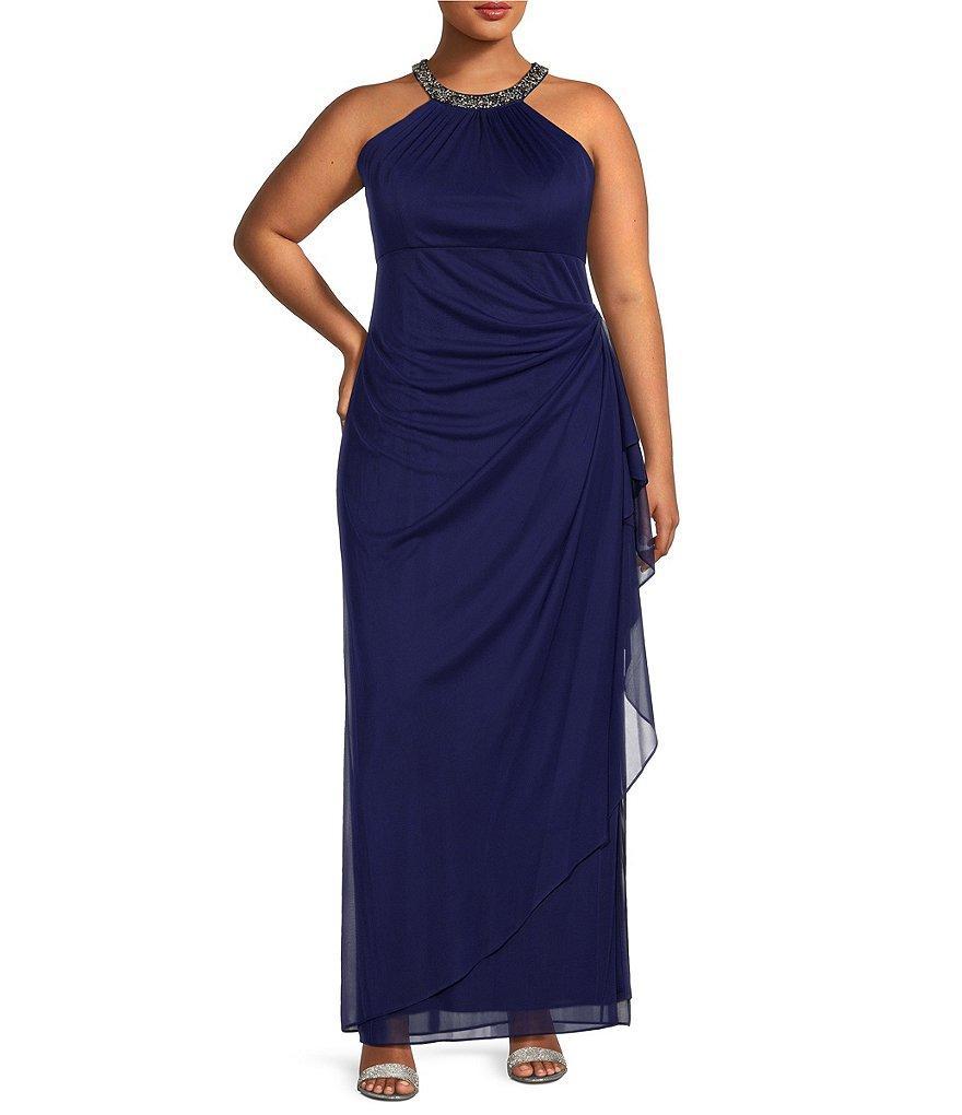 Alex Evenings Plus Size Sleeveless Beaded Halter Neck Cascade Ruffle Gown Product Image