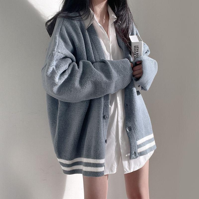 Drop-Shoulder Striped Oversized Cardigan Product Image