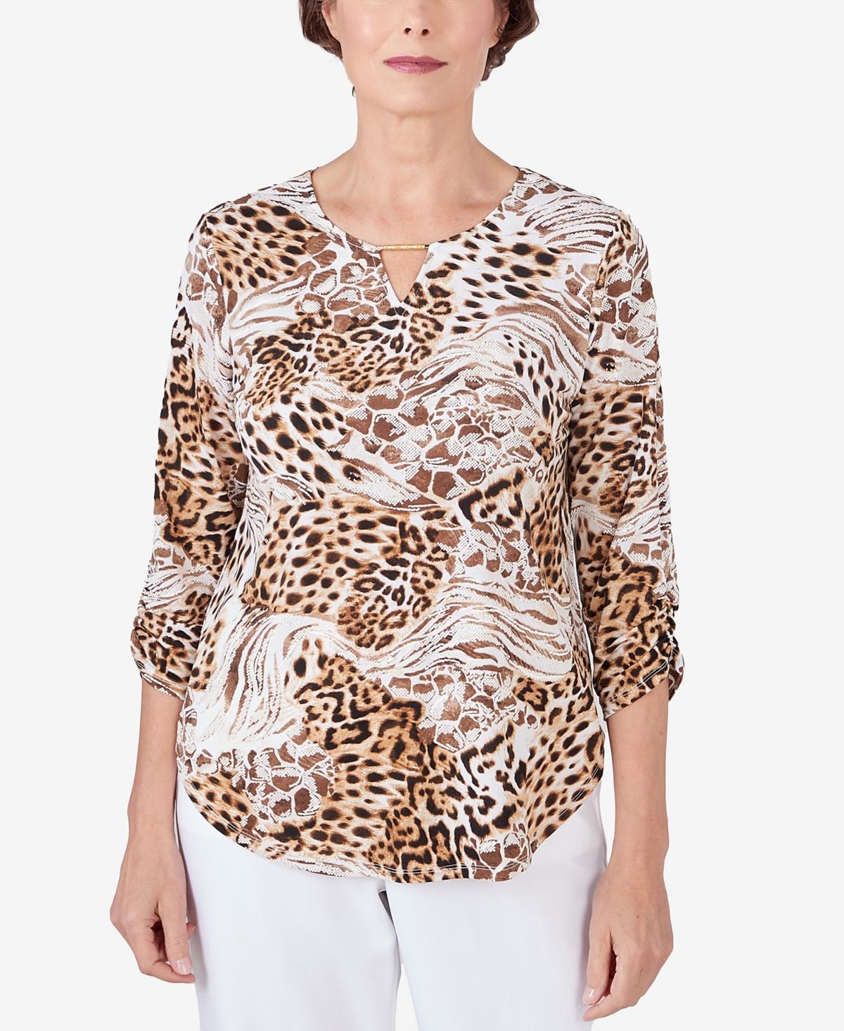 Alfred Dunner Petite Classic Puff Print Mixed Animal Print Split Neck Top Product Image