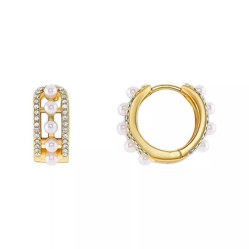 Emberly Gold Tone Pave Glass and Simulated Pearl Huggie Hoop Earrings, Womens, Yellow Gold Tone Product Image