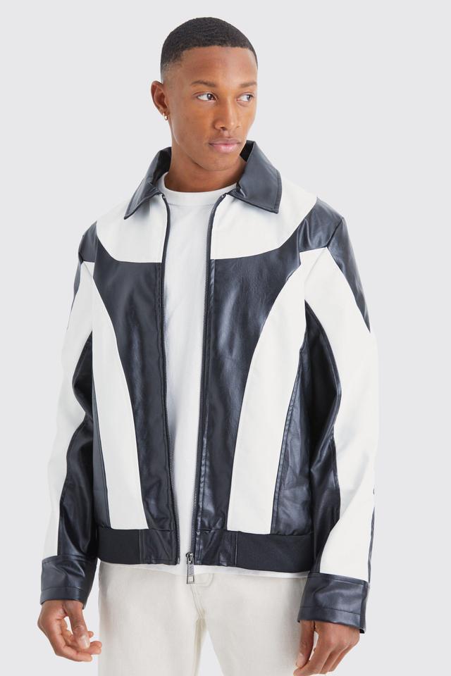 Colour Block Moto Pu Jacket | boohooMAN USA Product Image