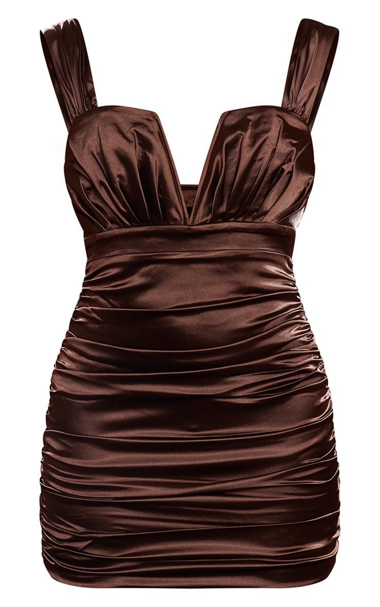 Premium Chocolate Constructed Satin V Bar Ruched Mini Dress Product Image