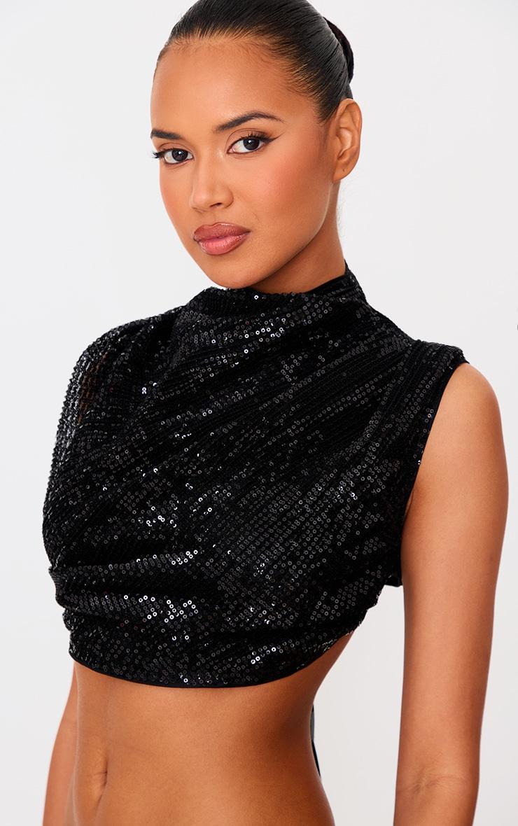 Black Sequin Tie Back High Neck Cowl Crop Top Product Image