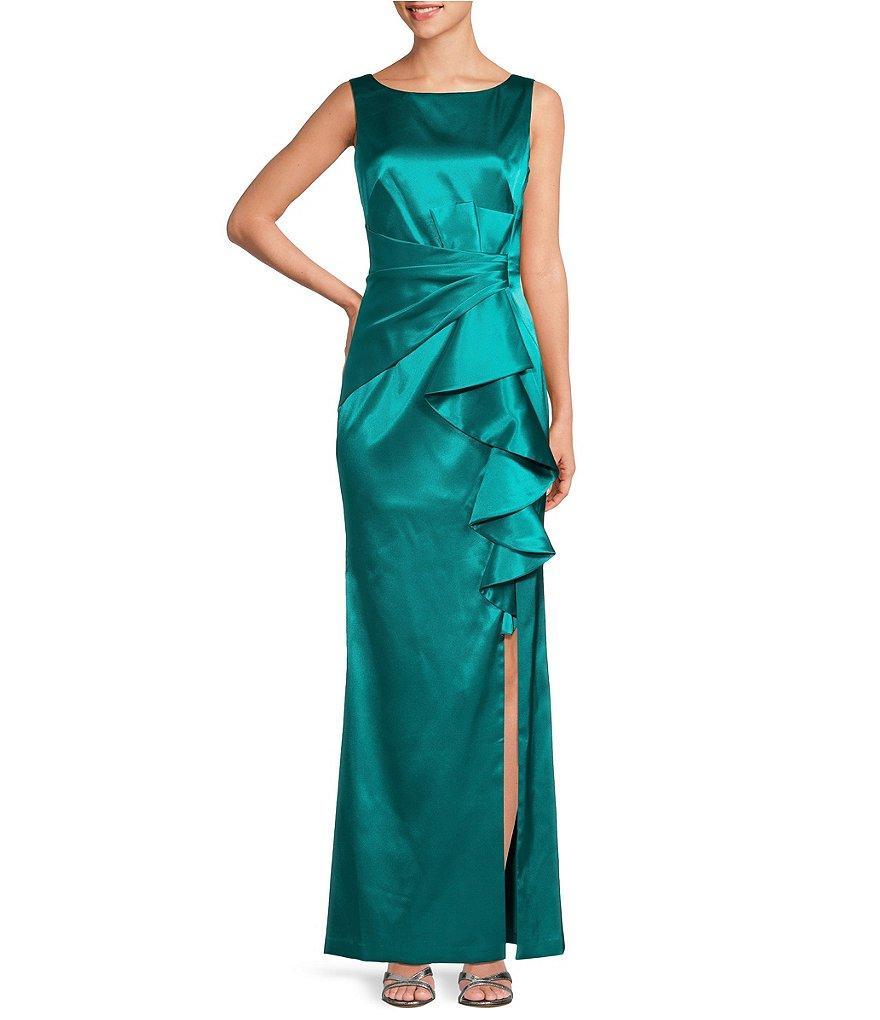 Eliza J Stretch Satin Boat Neck Sleeveless Cascading Ruffle Side Slit Gown Product Image