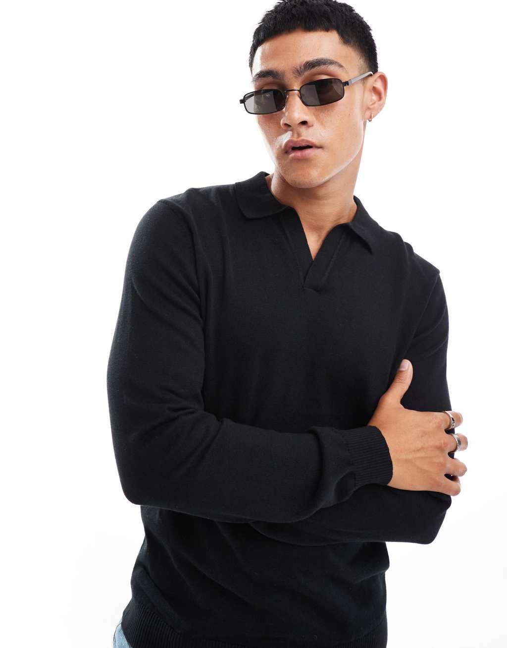 ASOS DESIGN essential knitted notch neck sweater in black Product Image