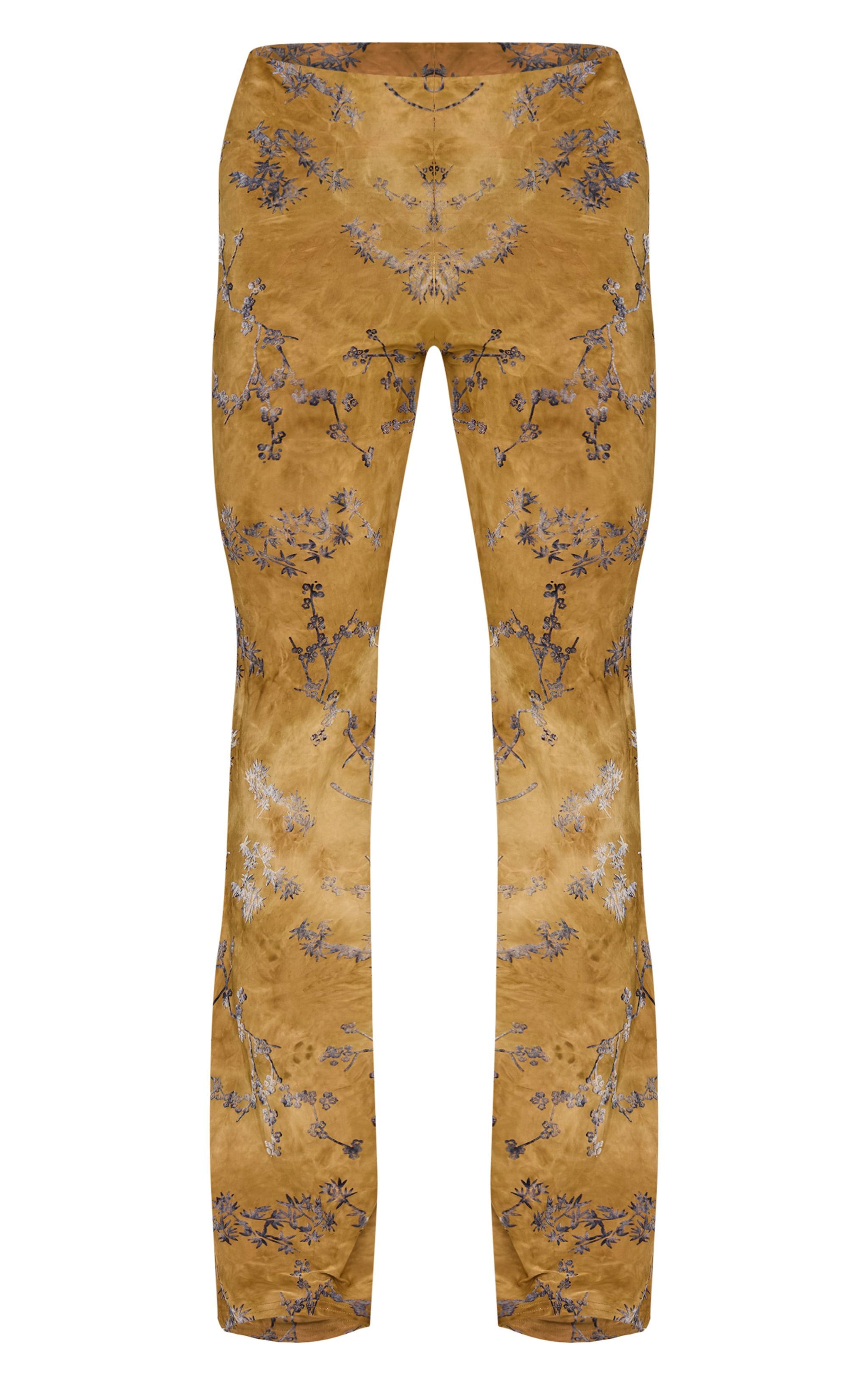 Olive Floral Print Devore Slim Flare Pants Product Image