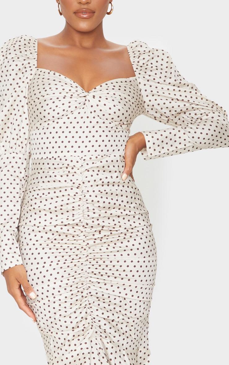 Nude Polka Dot Puff Sleeve Ruched Detail Frill Hem Midi Dress Product Image