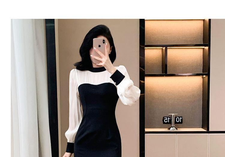 Long-Sleeve Mock Neck Two Tone Midi Sheath Dress Product Image