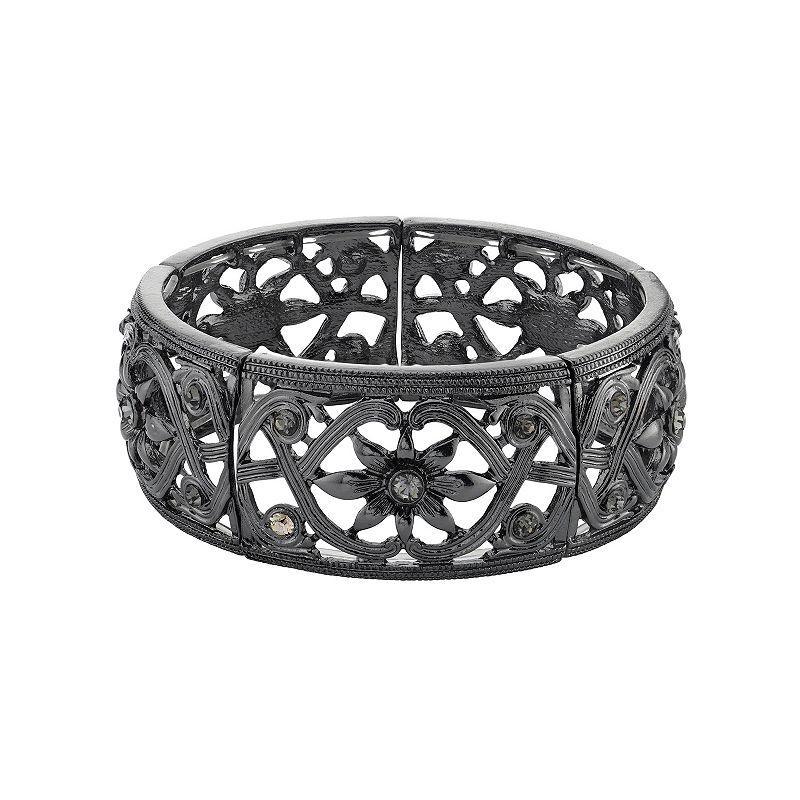 1928 Hematite-Tone Black Diamond Flower Stretch Bracelet, Womens Product Image