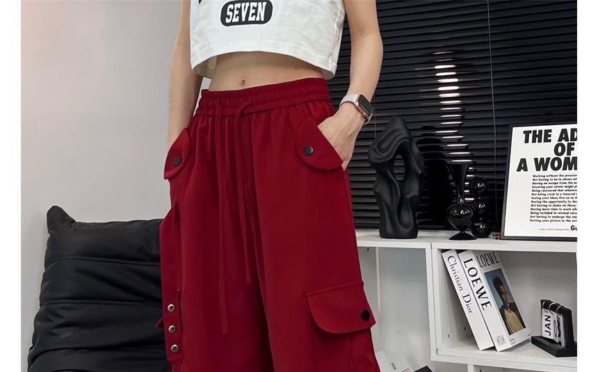 Low Rise Plain Drawstring Wide Leg Cargo Pants Product Image