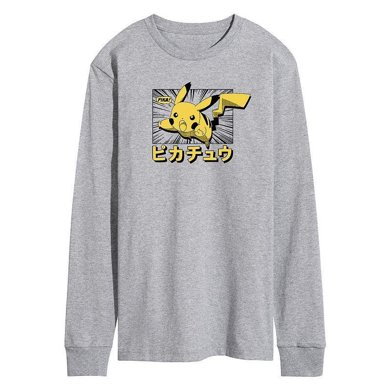 Mens Pokmon Pikachu Anime Kanji Long Sleeve Tee Athletic Grey Product Image