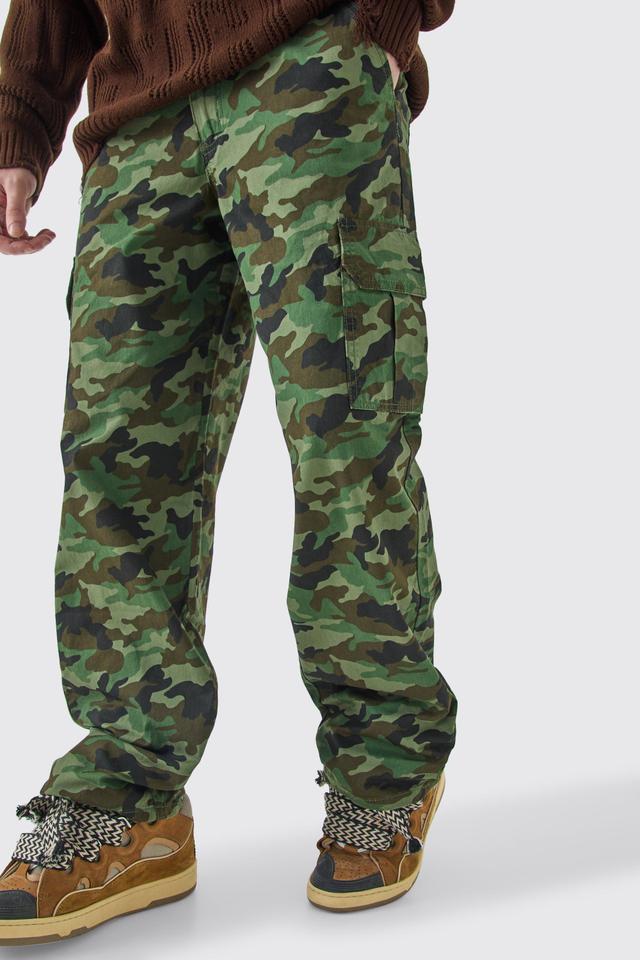 Tall Fixed Waist Relaxed Twill Camo Cargo Trouser | boohooMAN USA Product Image