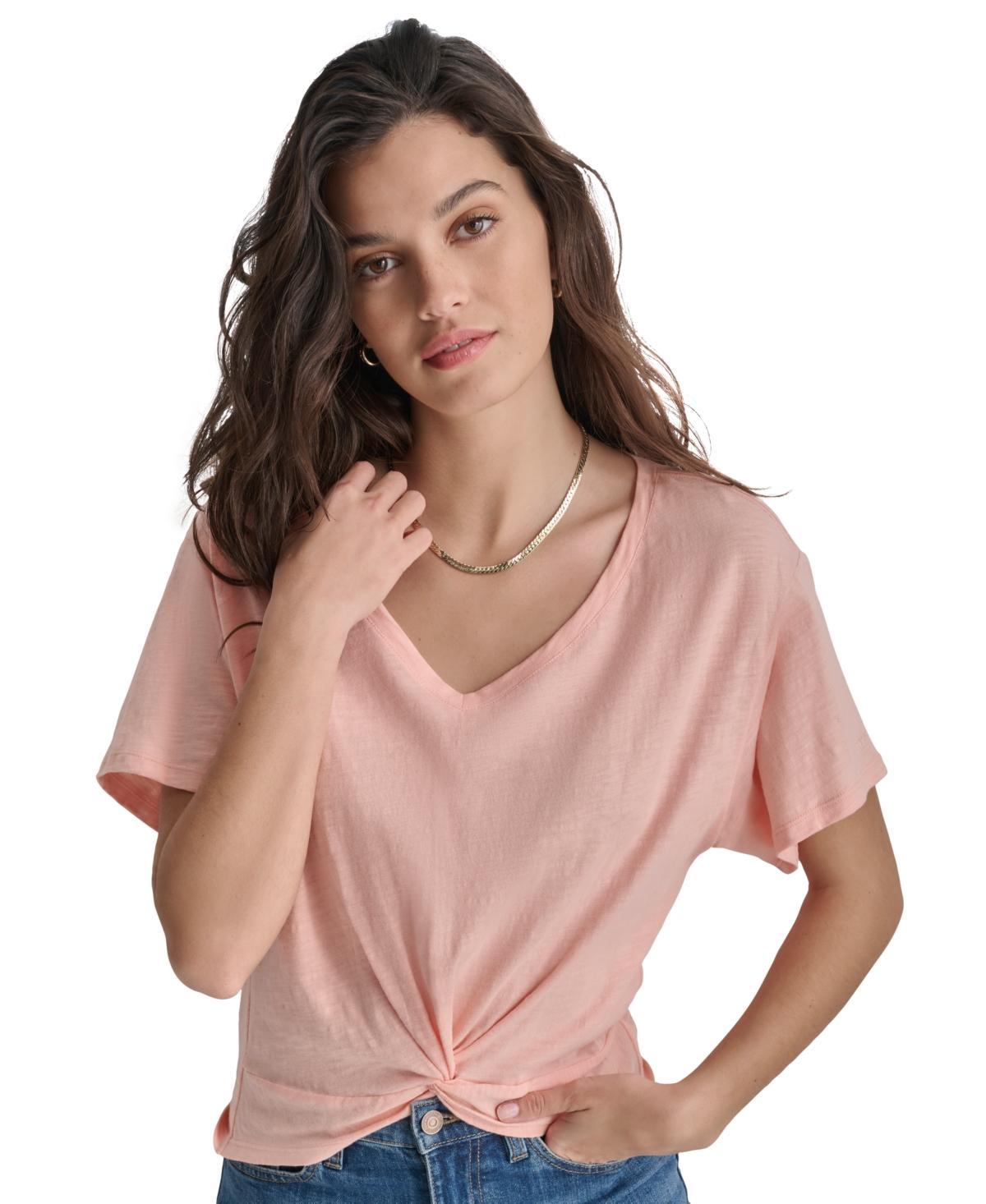 Dkny Womens Cotton Twist-Front V-Neck Short-Sleeve Top Product Image