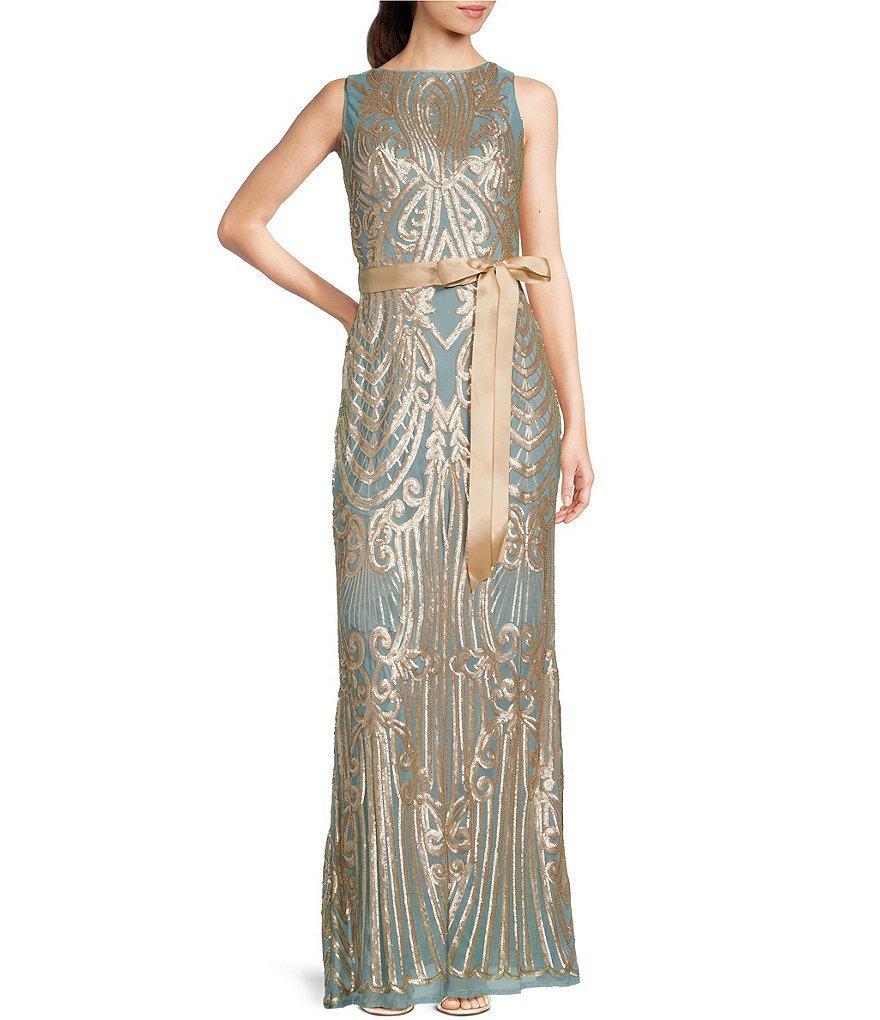 R & M Richards Mesh Sleeveless Boat Neck Self Tie Belt Embellished Sequin Pattern Gown Product Image