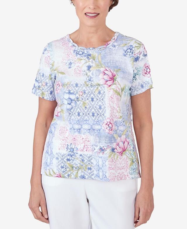 Alfred Dunner Womens Patchwork Floral Braided Neck Tee Product Image