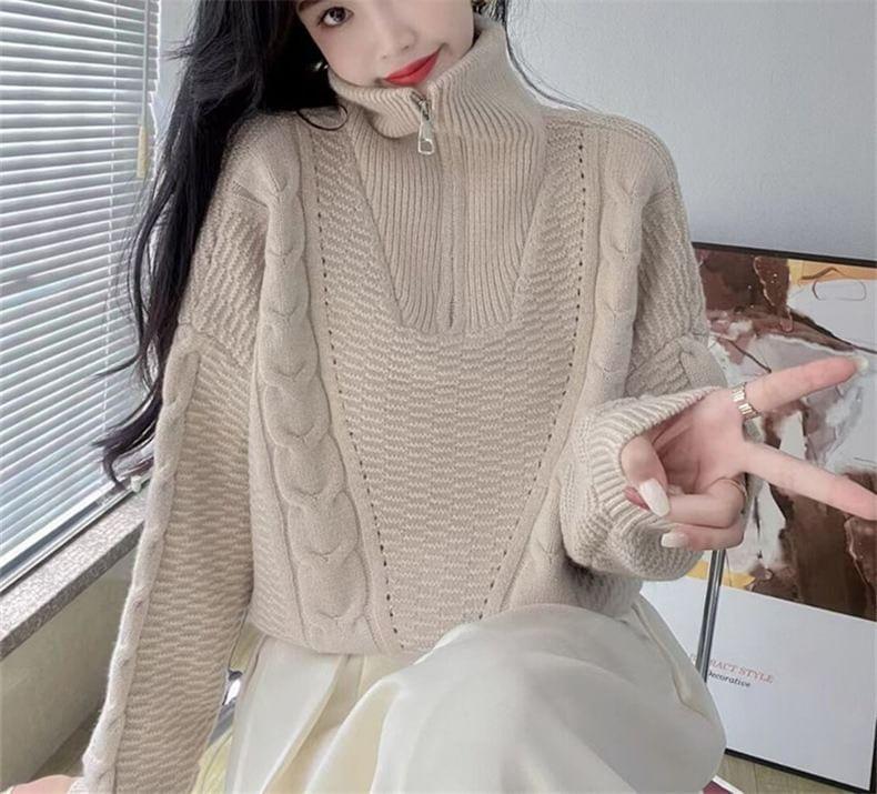 Turtleneck Half Zip Plain Cable Knit Sweater Product Image