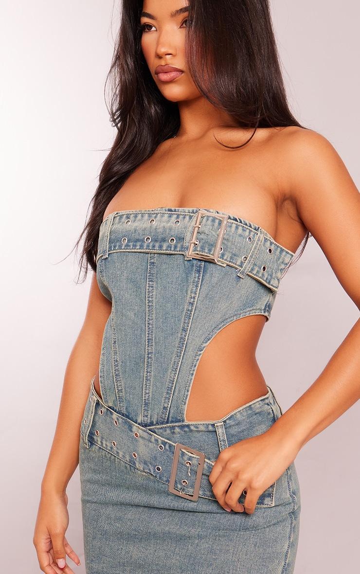 Vintage Wash Belt Detail Cut Out Bandeau Denim Dress Product Image