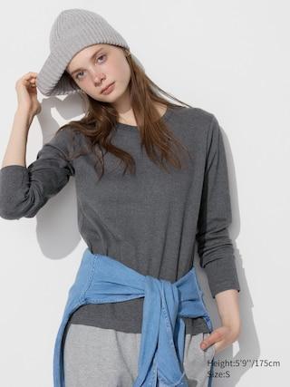 Womens Smooth Stretch Cotton Crew Neck T-Shirt Long Sleeve Dark Gray XS UNIQLO US Product Image