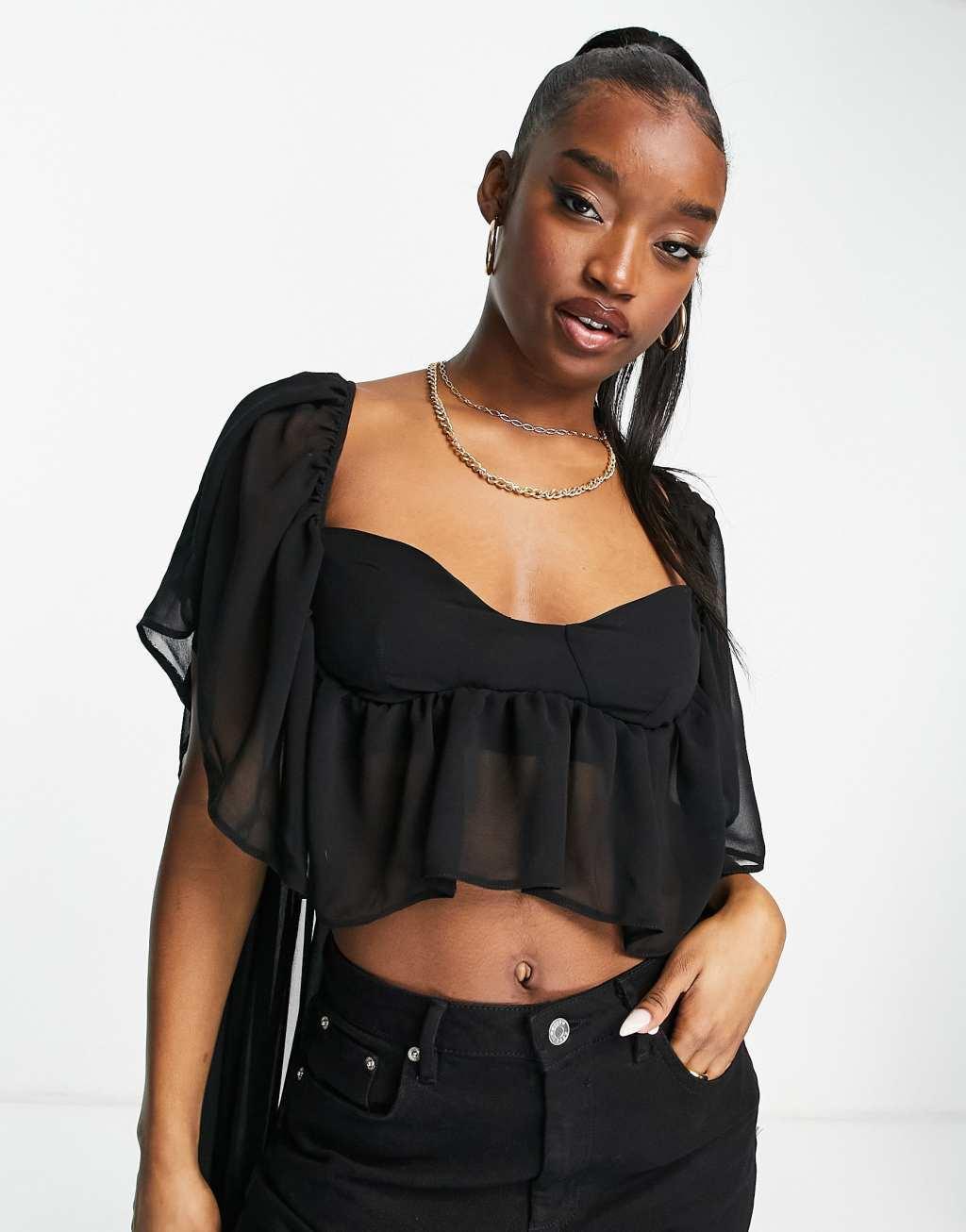 ASOS LUXE chiffon cupped crop top with high low hem in black Product Image