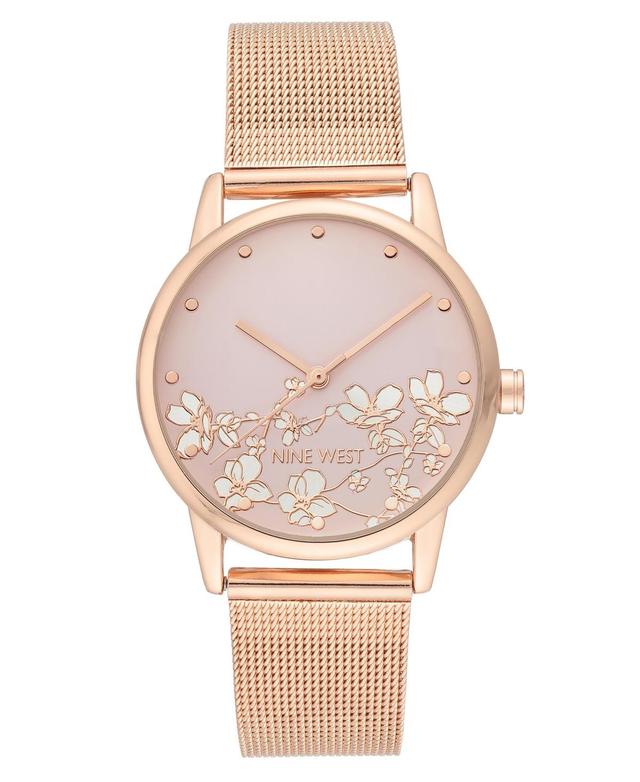 Nine West Womens Stainless Steel Mesh Bracelet Watch with Flower Dial Pink Product Image