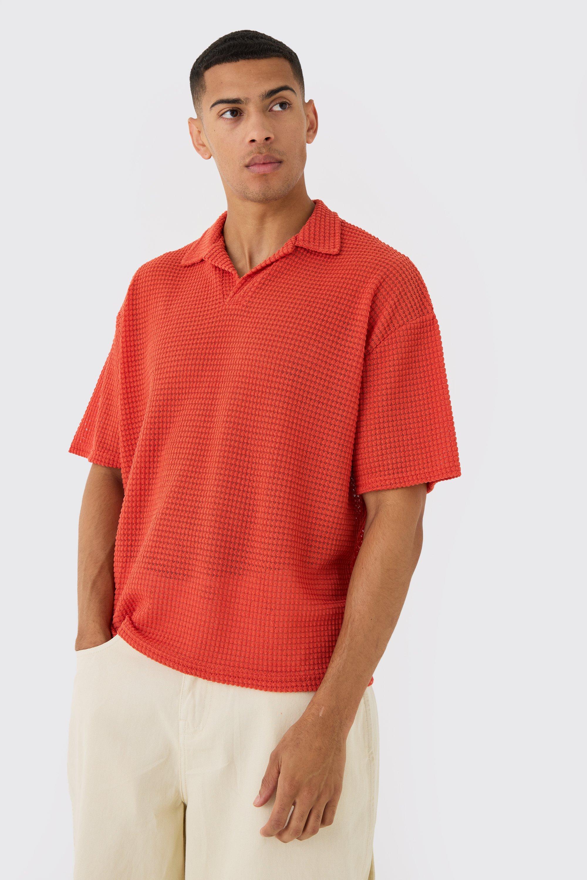 Mens Orange Oversized Boxy Textured Short Sleeve Polo, Orange Product Image