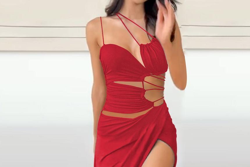 Spaghetti Strap One Shoulder Plain Cut Out Maxi Bodycon Dress Product Image